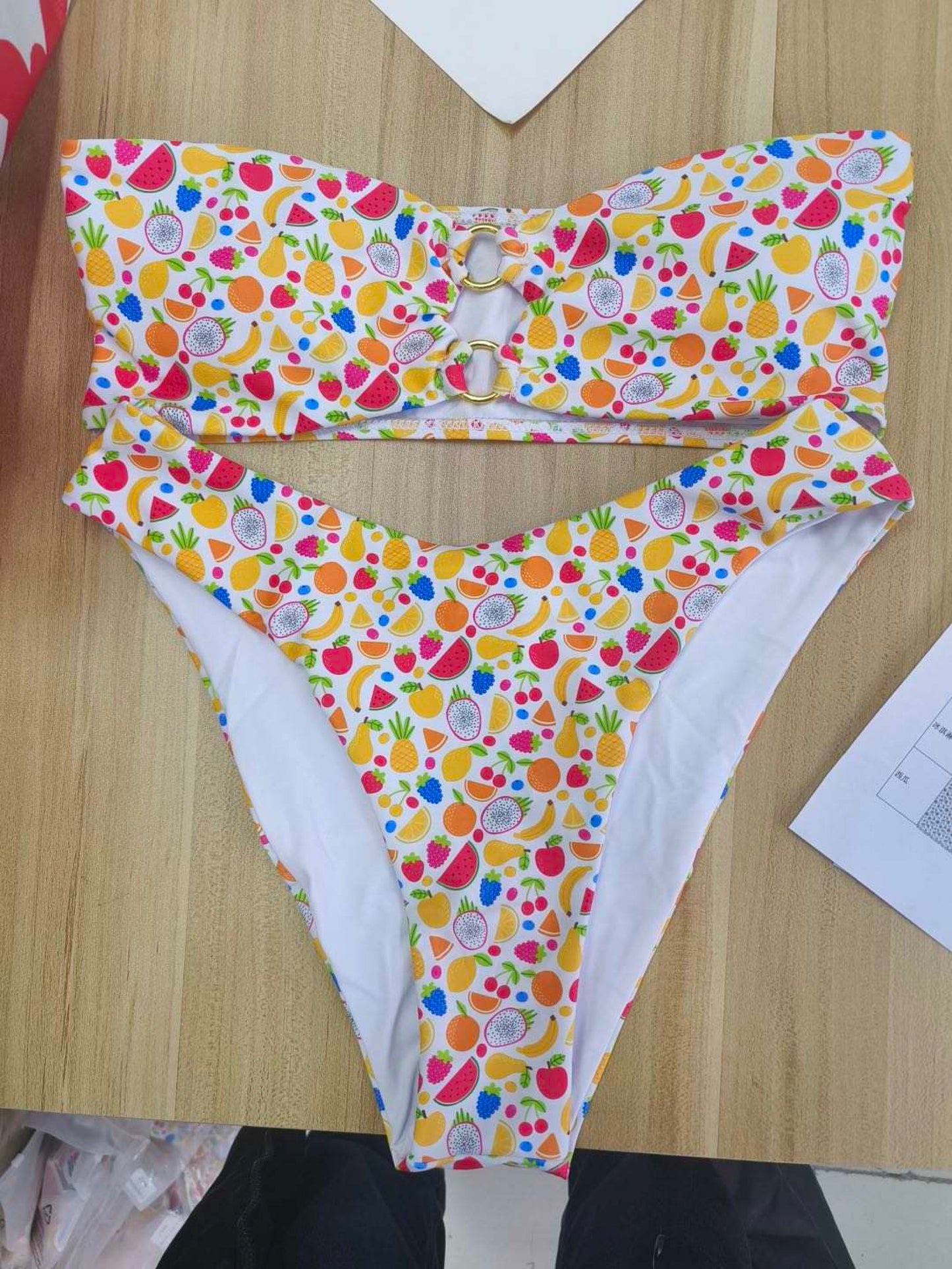 Rainbow Fruit Double-Ring Bandeau High Waisted Bikini Set