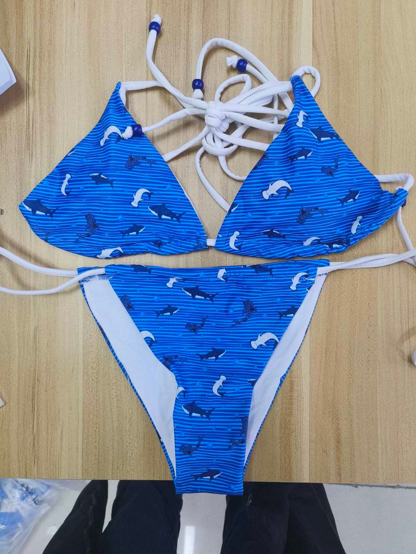 Dark Blue Sharks Striped Beaded Triangle String Bikini Set