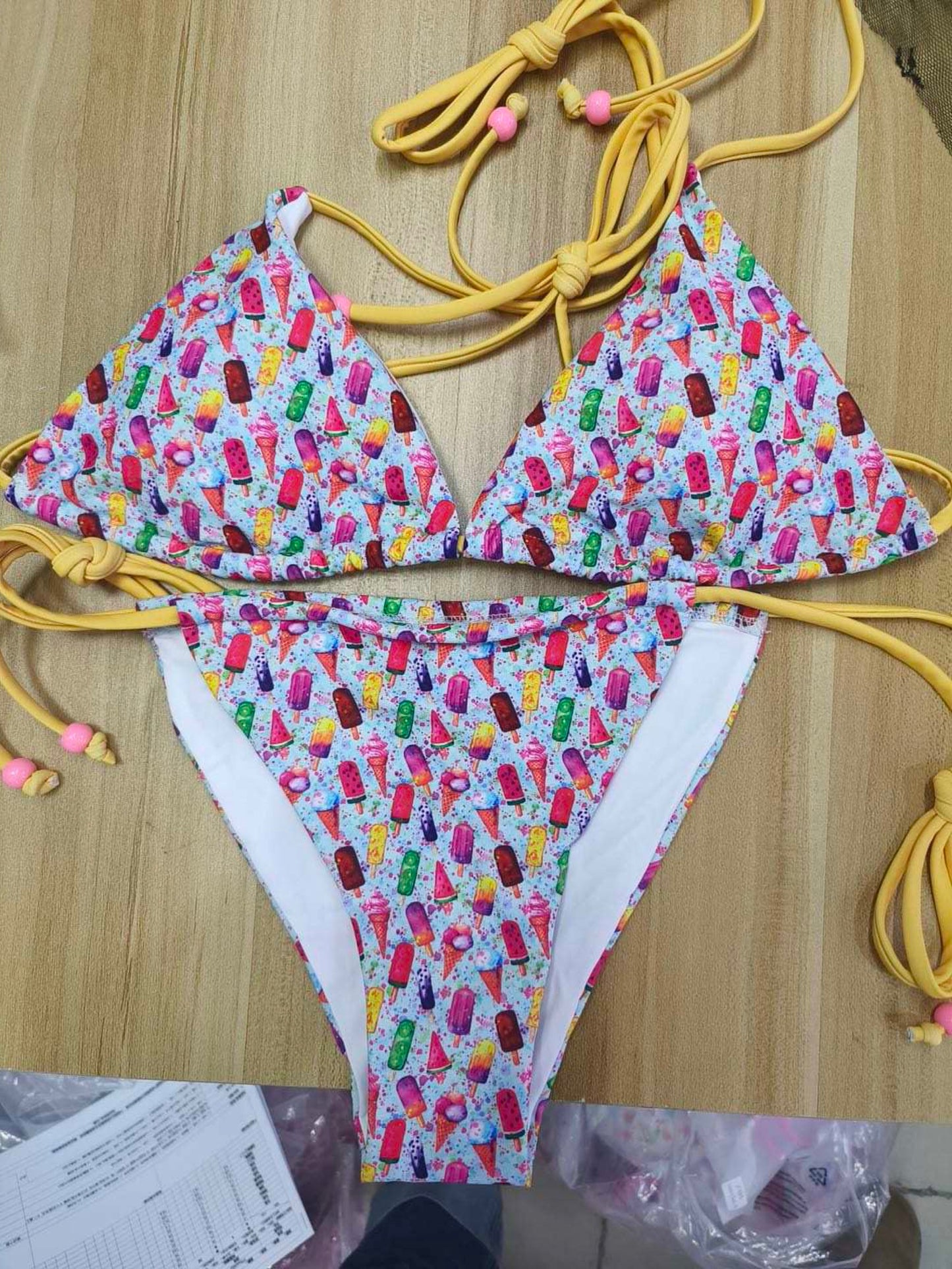 Rainbow Ice Cream Cones Popsicles Beaded Triangle String Bikini Set