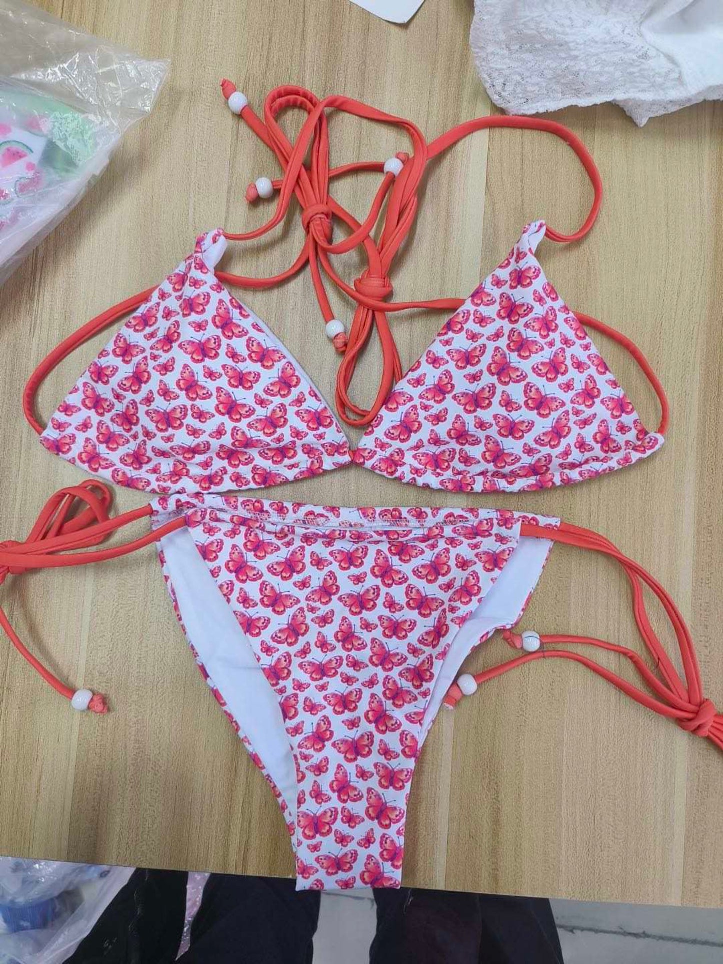 Orange Butterflies Beaded Triangle String Bikini Set