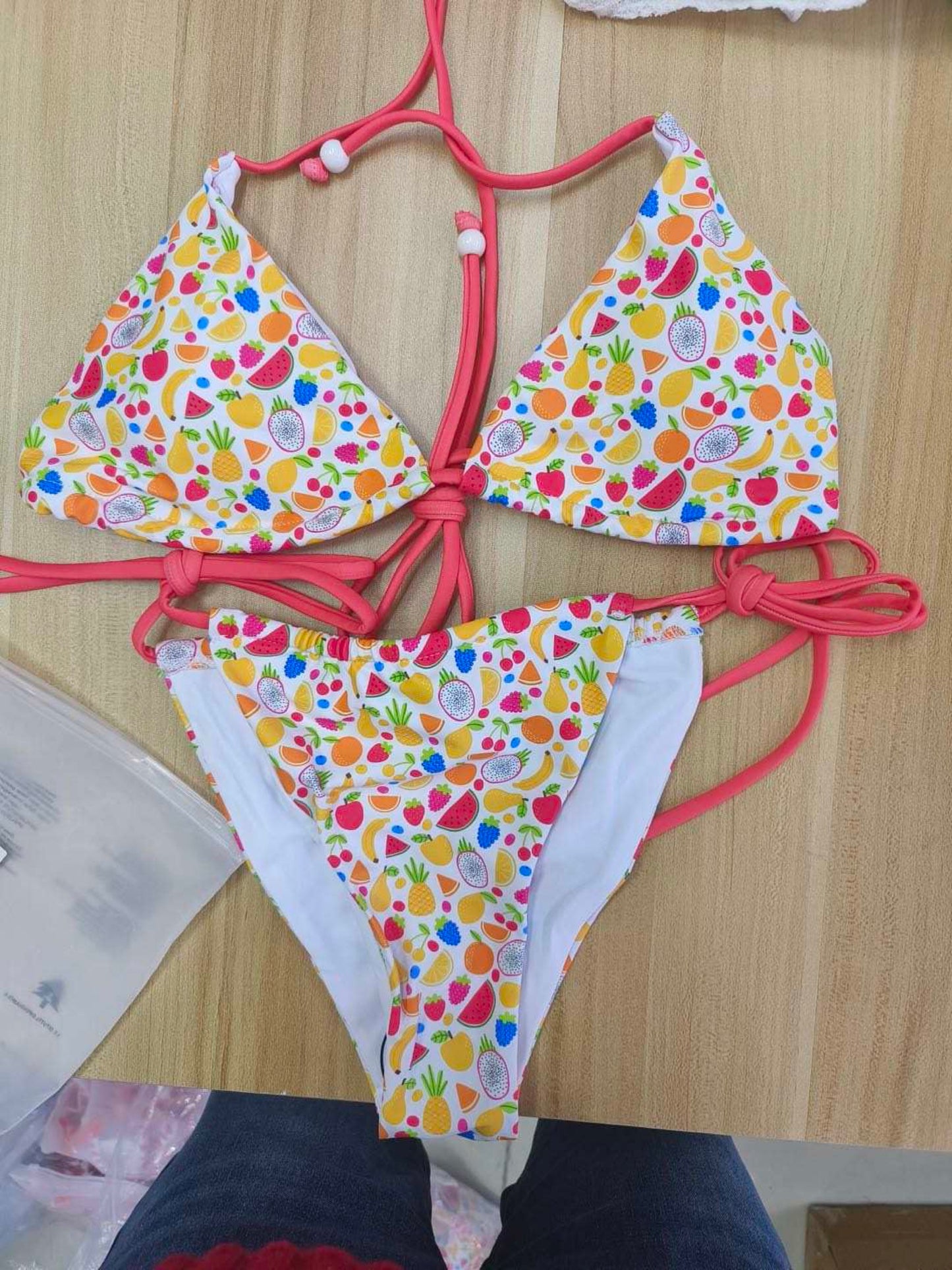 Rainbow Fruit Beaded Triangle String Bikini Set