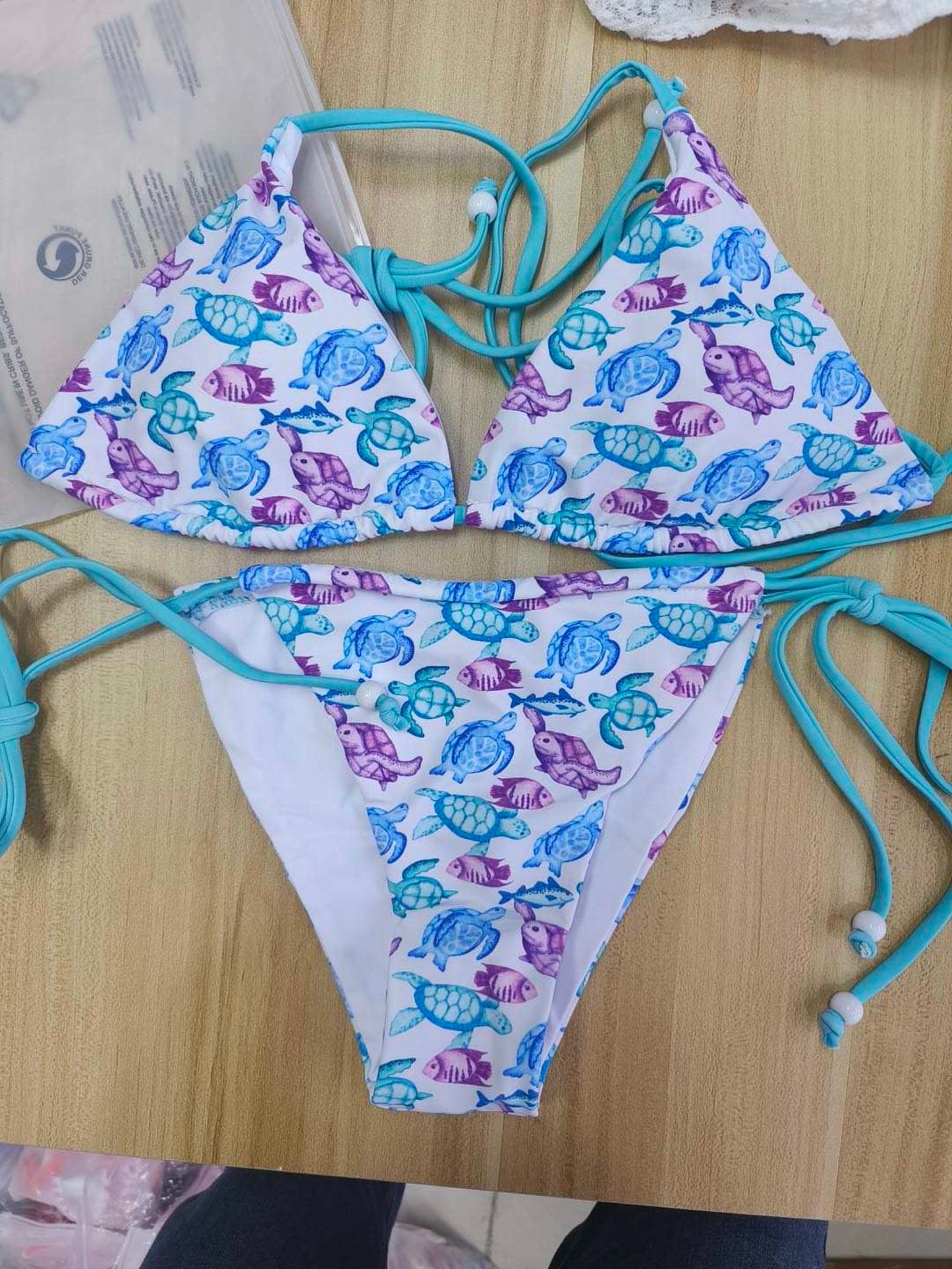 Sea Turtles Beaded Triangle String Bikini Set