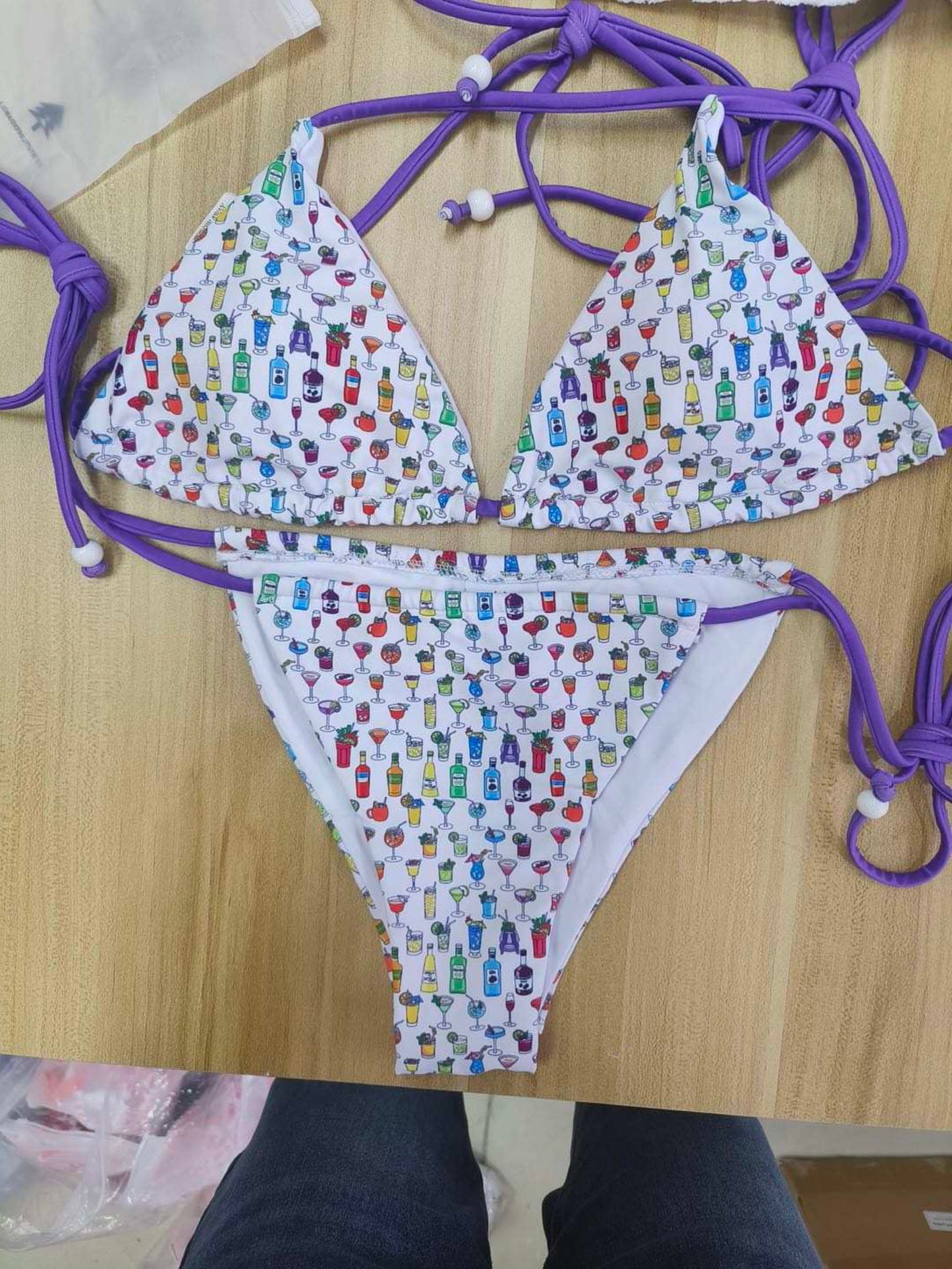 Rainbow Alcohol Drinks Beaded Triangle String Bikini Set