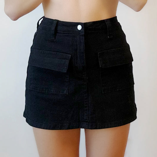 Black Denim Cargo Skirt